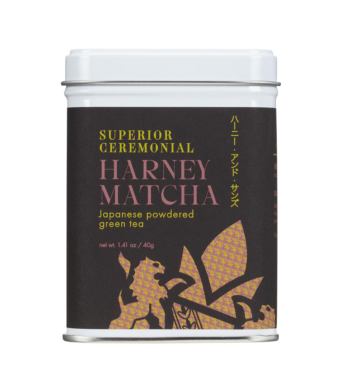 A sleek black tin with gold accents contains 40 grams of Superior Ceremonial Harney Matcha, Japanese powdered green tea.