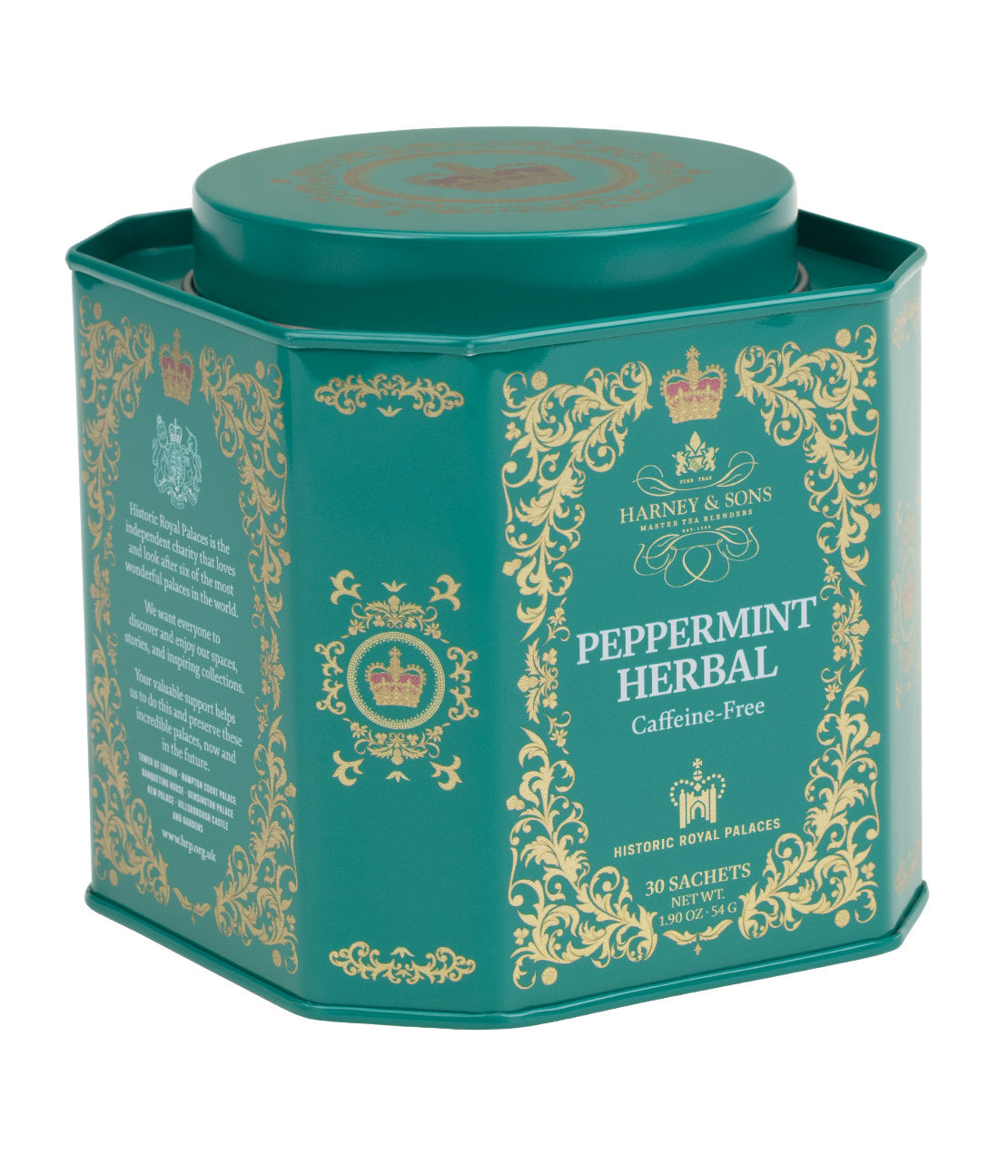 A teal hexagonal tin of Harney & Sons Peppermint Herbal tea, caffeine-free, with gold ornate detailing and a matching lid.