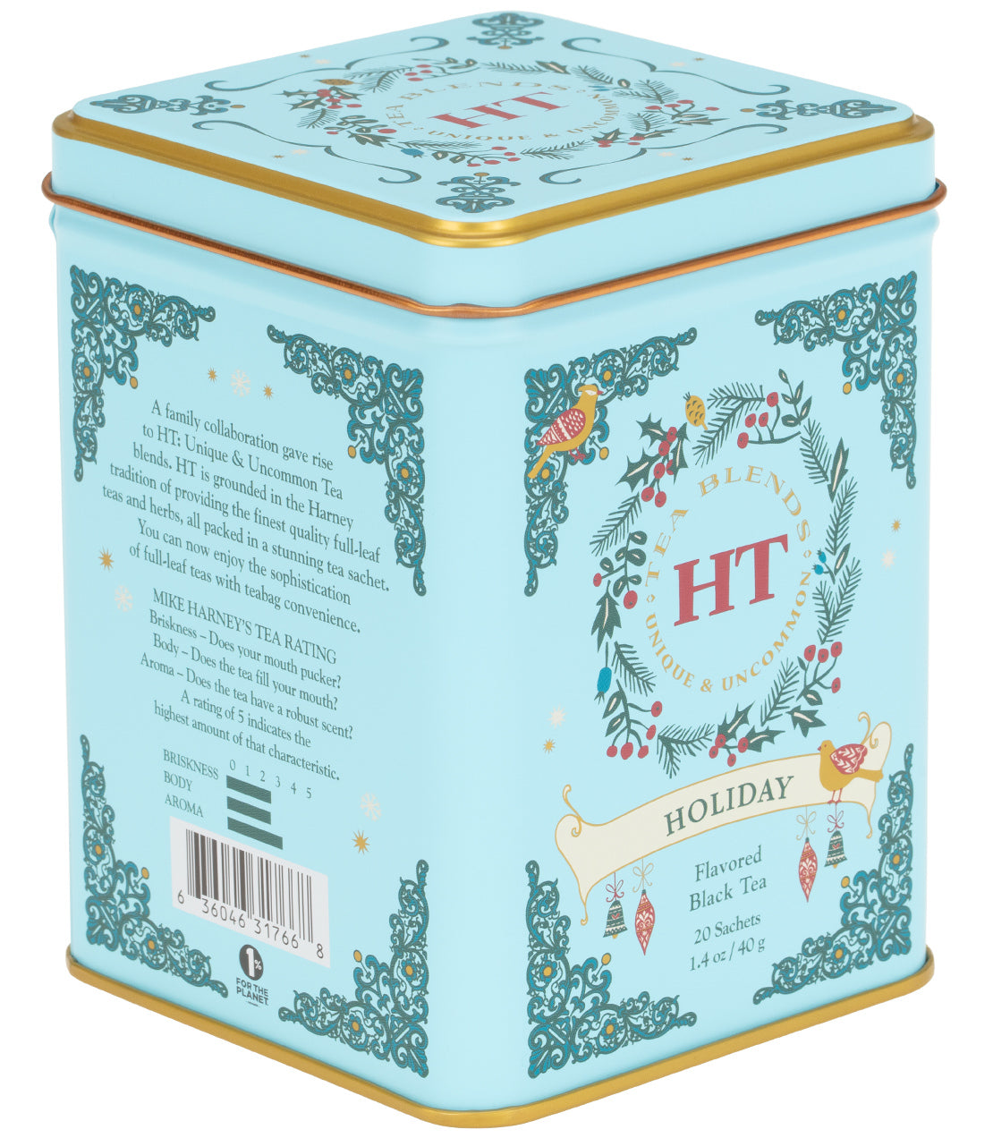 A light blue, gold-trimmed tea tin labeled "HT Holiday" featuring festive holiday-themed illustrations and details about its contents.