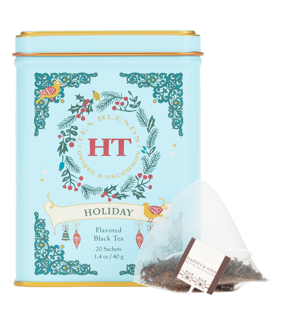 A light blue tin of Harney & Sons Holiday flavored black tea with 20 sachets, accompanied by a single sachet.