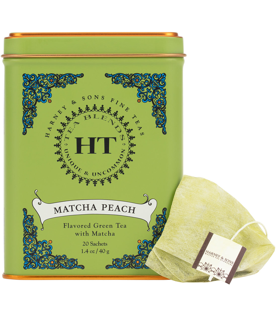 Harney & Sons Fine Teas- HT Collection- Matcha Peach- Flavored Green Tea with Matcha- Green Tin of 20 Sachets- Head on shot with Pyramid Sachet