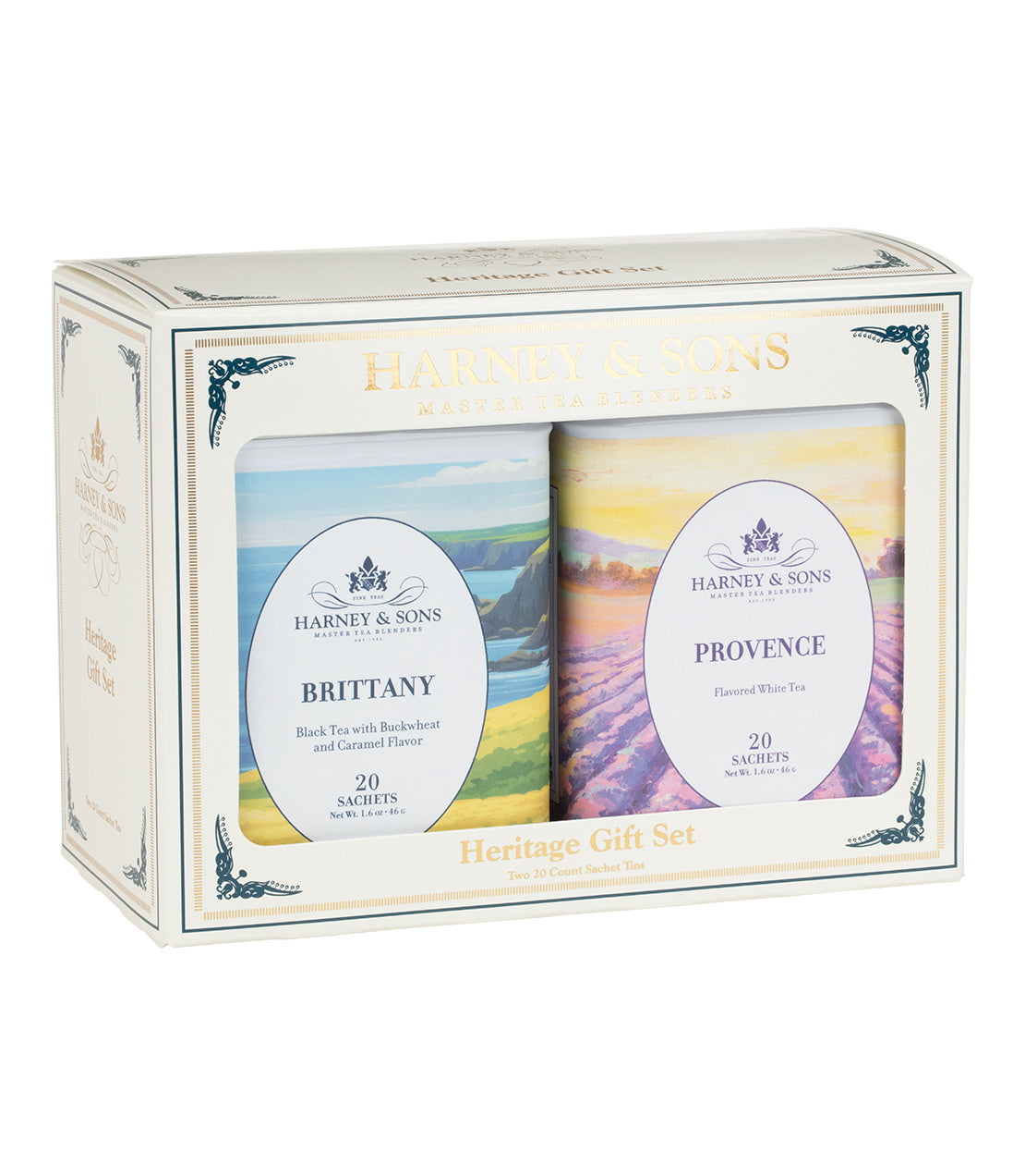 A Harney & Sons Heritage Gift Set containing two 20-count sachet tins of black tea and flavored white tea.