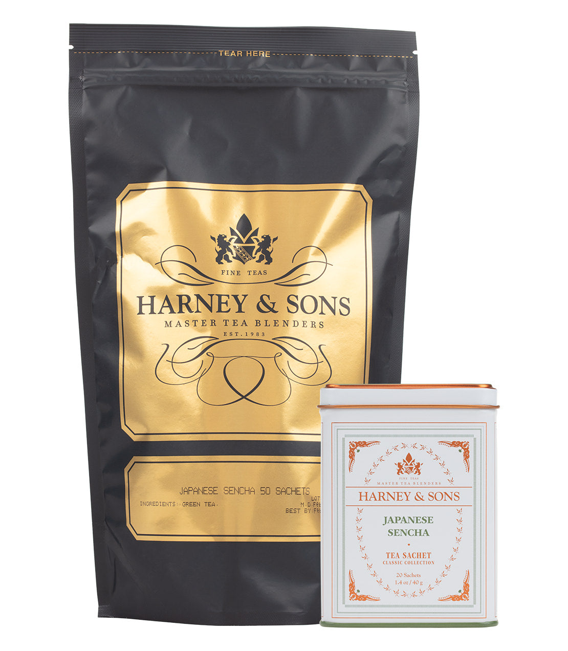 Harney & Sons Sencha Lover Bundle featuring a black and gold 50-sachet bag and a decorative tin of Japanese Sencha tea.