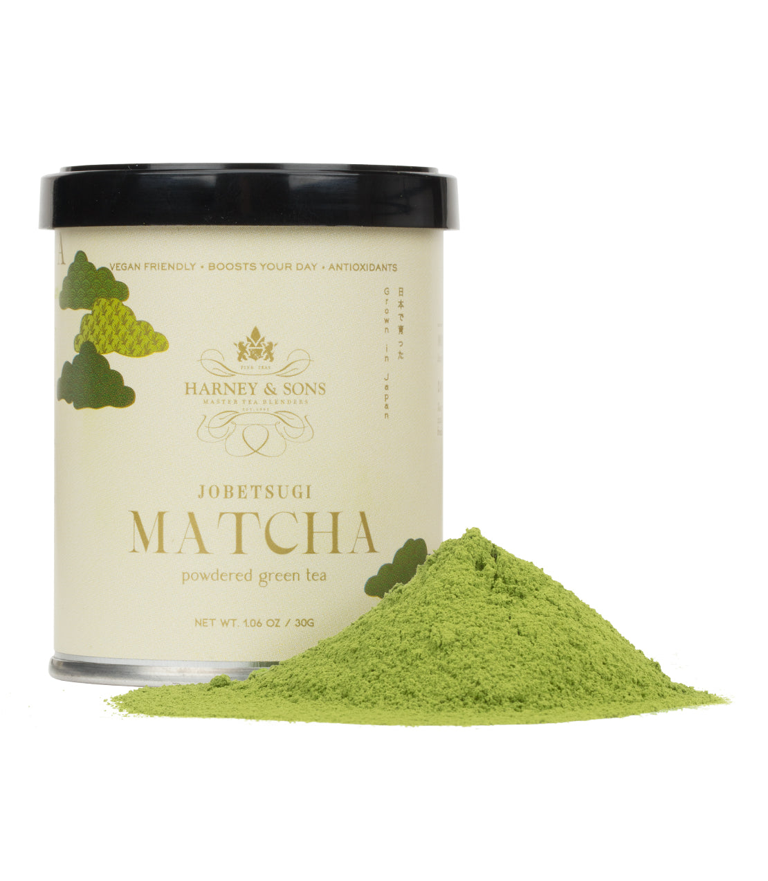 A 30 gram container of Jobetsugi Matcha powdered green tea with a mound of vibrant green matcha powder beside it.