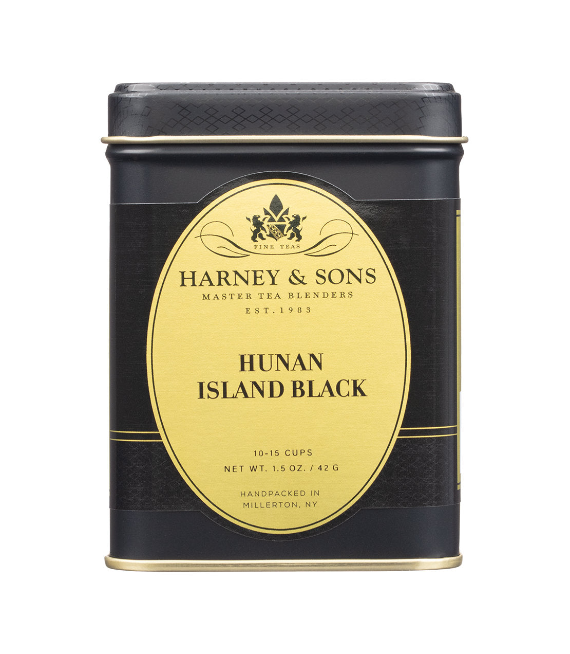 A rectangular black metal tea tin with a large gold oval label reading 'HARNEY & SONS HUNAN ISLAND BLACK' on a white background.