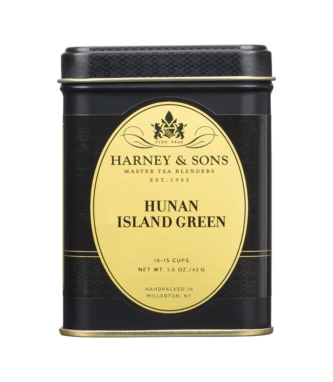 A black and gold 1.5oz tin of Harney & Sons Hunan Island Green tea, handpacked in Millerton, NY