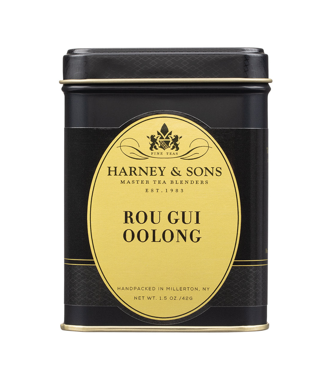 Black 1.5oz tin of Harney & Sons Rou Gui Oolong tea, featuring a gold label with elegant design and brand logo.