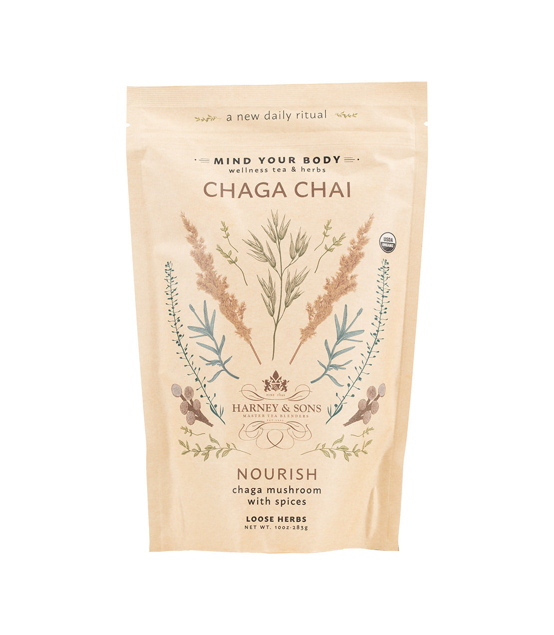 Harney & Sons Fine Teas- Mind Your Body Collection- Chaga Chai- Nourish- Brown bag featuring images of herbs- 10oz bag of loose herbs