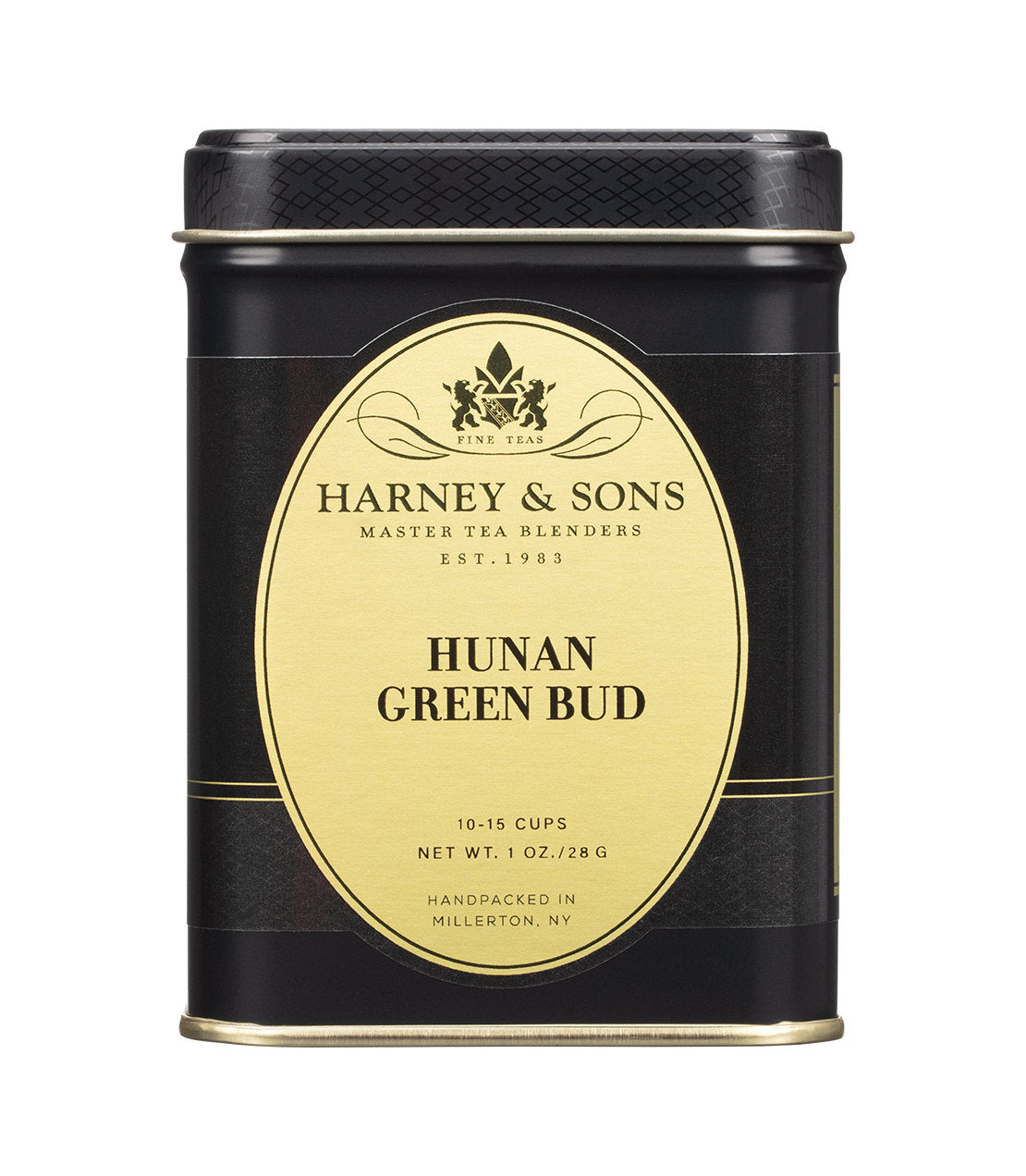 A black and gold 1OZ tin of Harney & Sons Hunan Green Bud tea, handpacked in Millerton, NY.