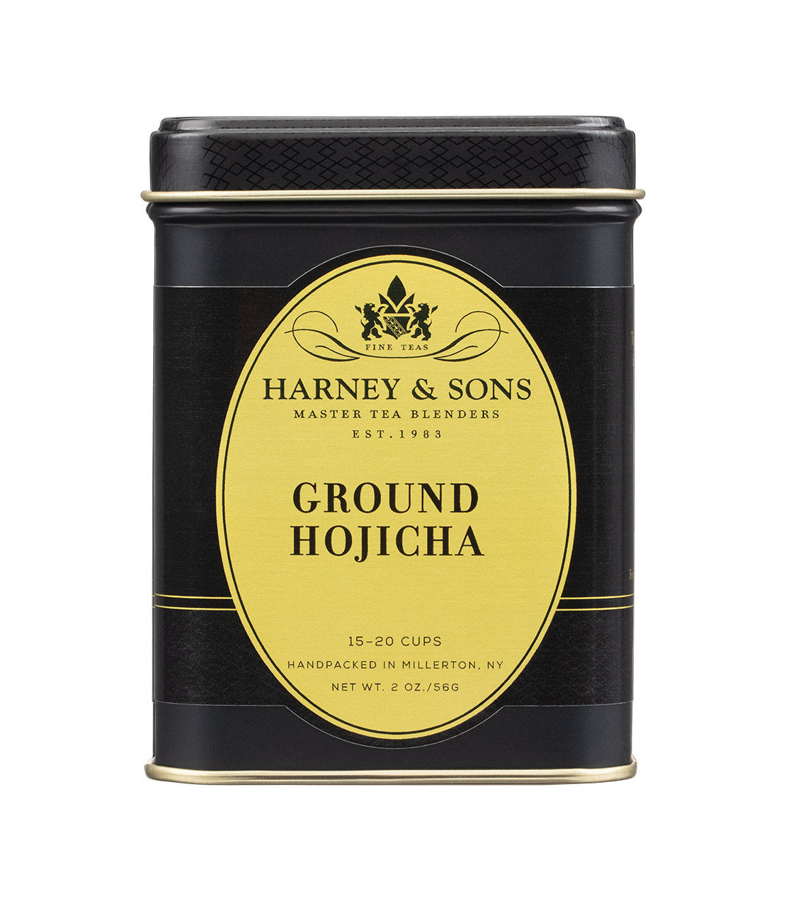 Black tin of Harney & Sons Ground Hojicha tea, featuring elegant gold label and logo, 2 oz. size.