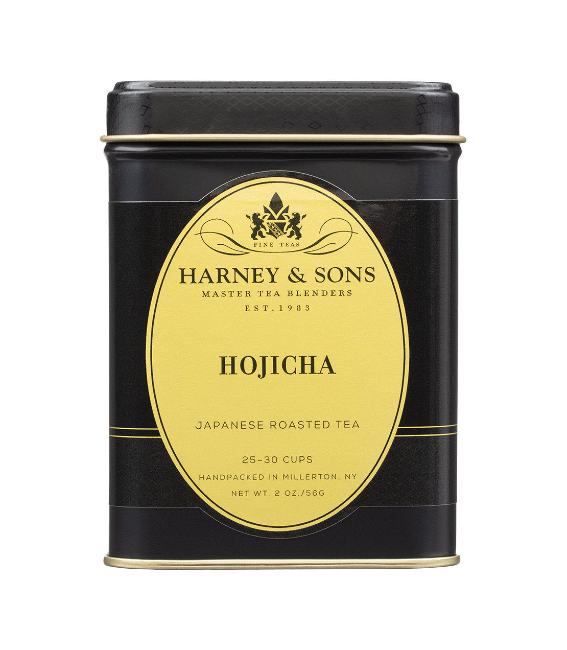 Harney & Sons Fine Teas- Hojicha- Japanese Roasted Tea- Black and gold tin containing 2oz of loose tea. 