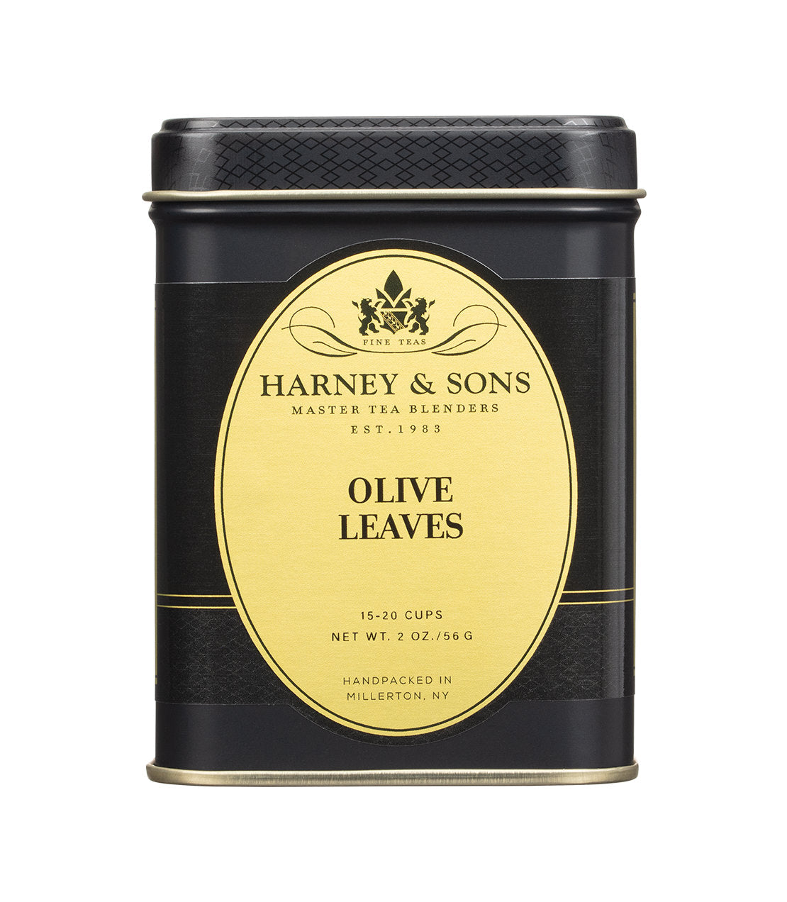A black and gold 2oz tin of Harney & Sons Olive Leaves, handpacked in Millerton, NY.