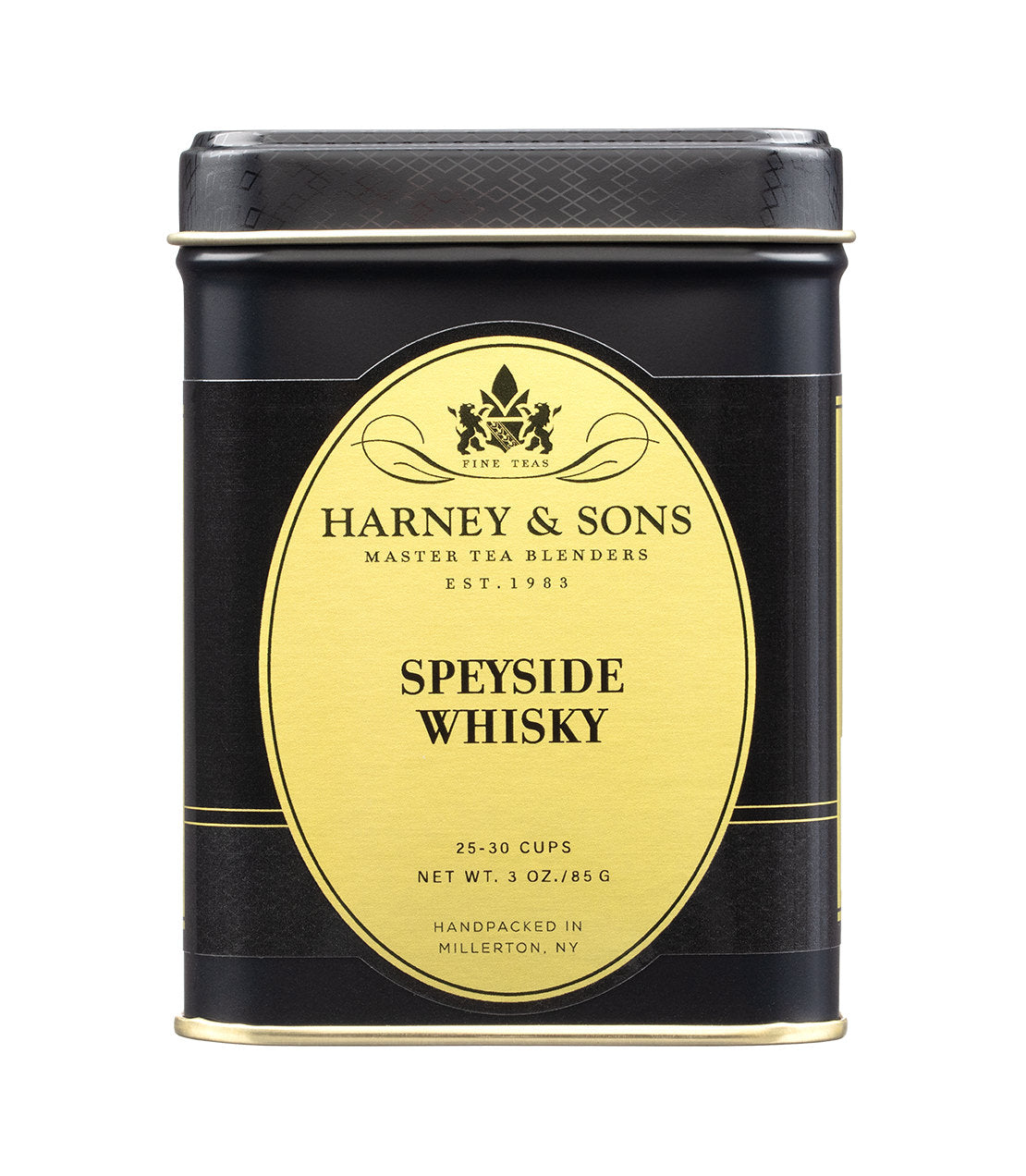 A black and gold 3 oz tin of Harney & Sons loose leaf Speyside Whisky tea, handpacked in Millerton, NY.