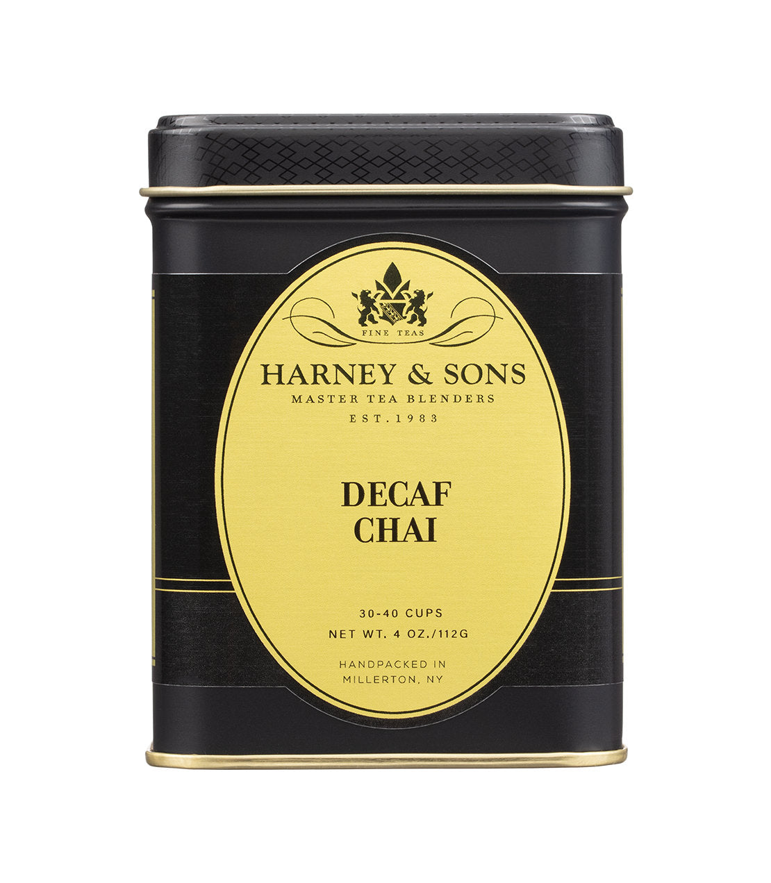 Harney & Sons Fine Teas- Decaf Chai- Black and gold tin containing 4oz of loose leaf tea