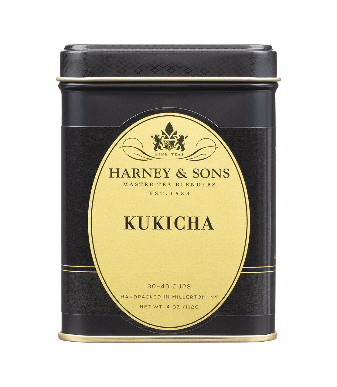 Black and Gold 4oz tin of Harney & Sons Kukicha tea, labeled for 30-40 cups, featuring elegant design and branding