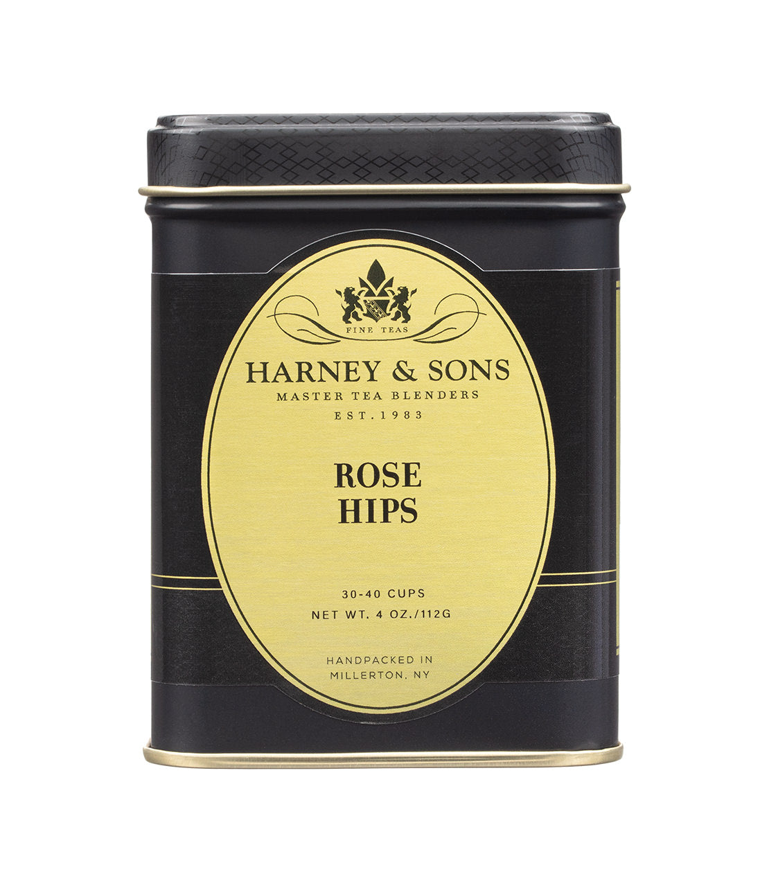 A  4oz black and gold tin of Harney & Sons Rose Hips tea- handpacked in Millerton, NY.