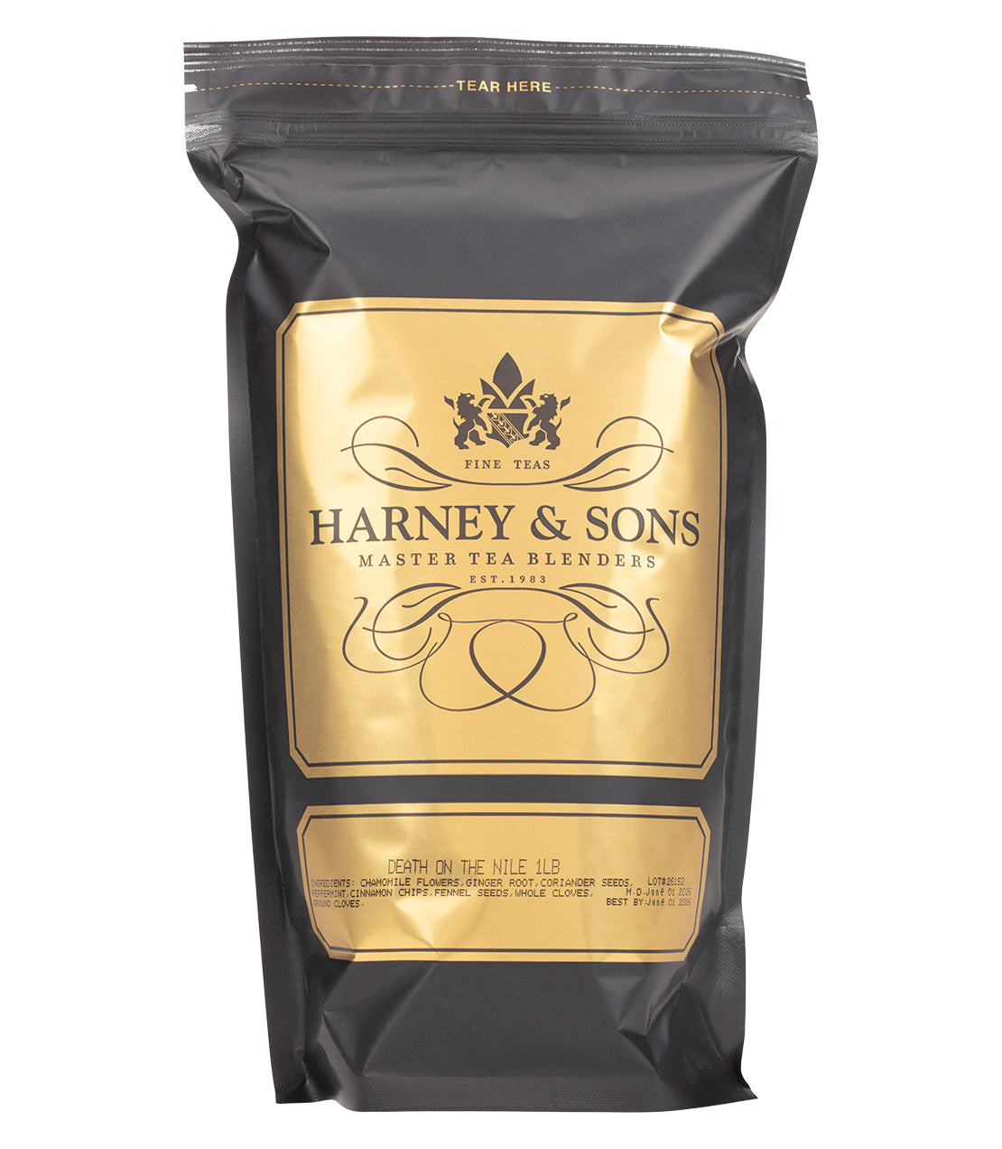 A black pouch of Harney & Sons "Death on the Nile" tea blend, featuring gold labeling with ingredients and a tear line at the top.