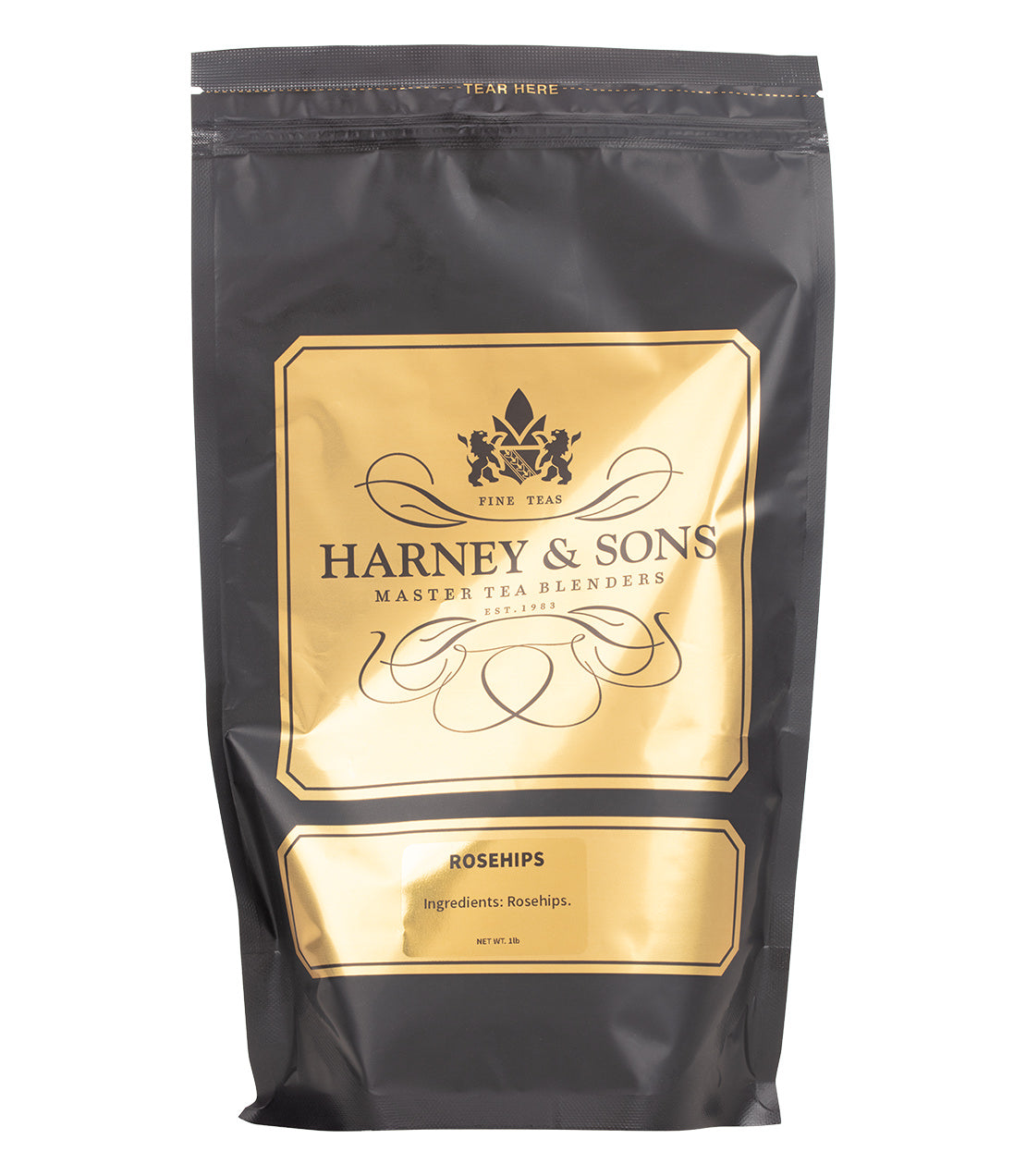 A black and gold pouch of Harney & Sons rosehip tea, labeled with gold text and a crest, indicating it contains rosehips and weighs 1 lb.