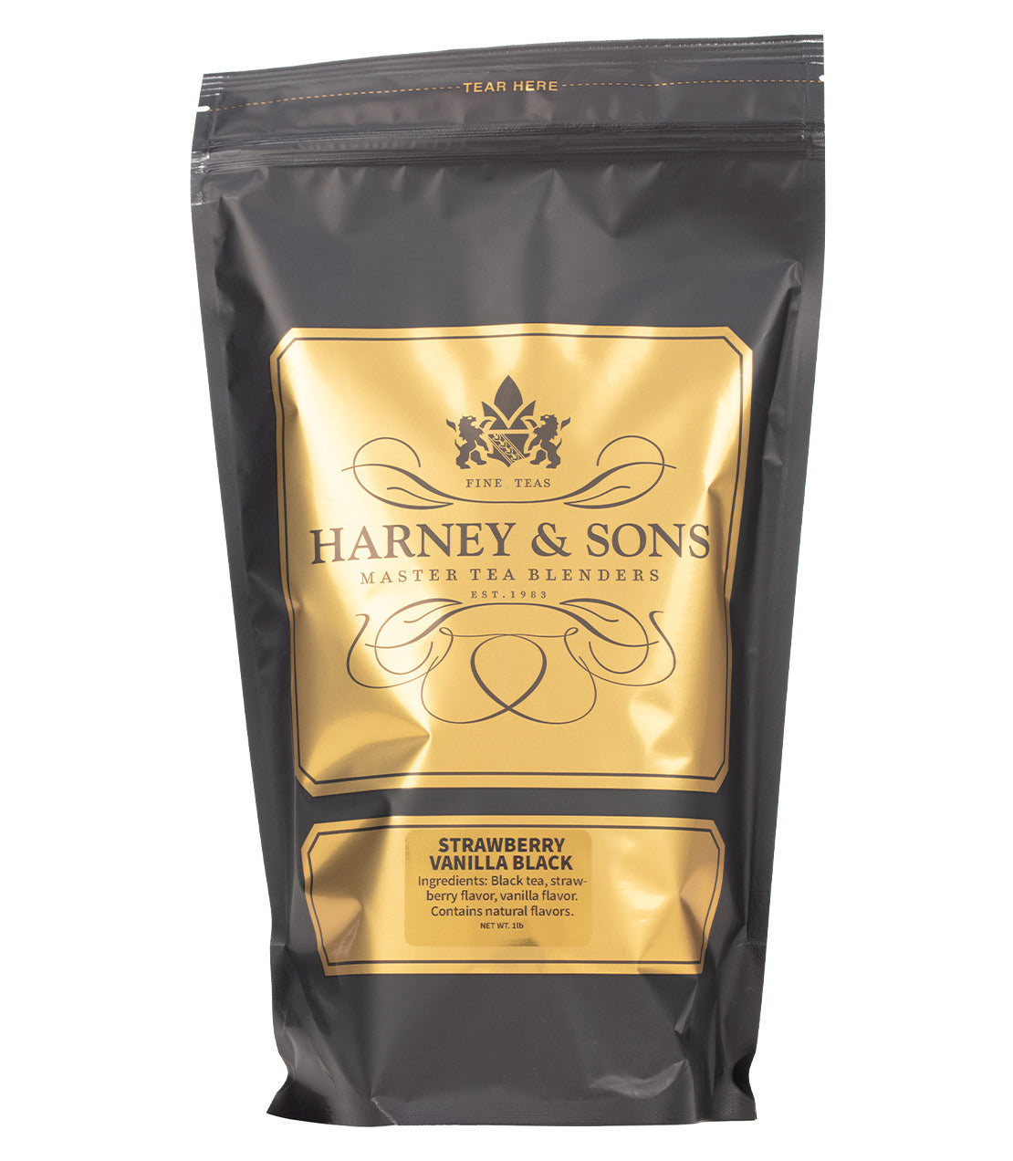 Harney & Sons Fine Teas- Strawberry Vanilla Black- Black and gold bag containing 1lb of loose tea