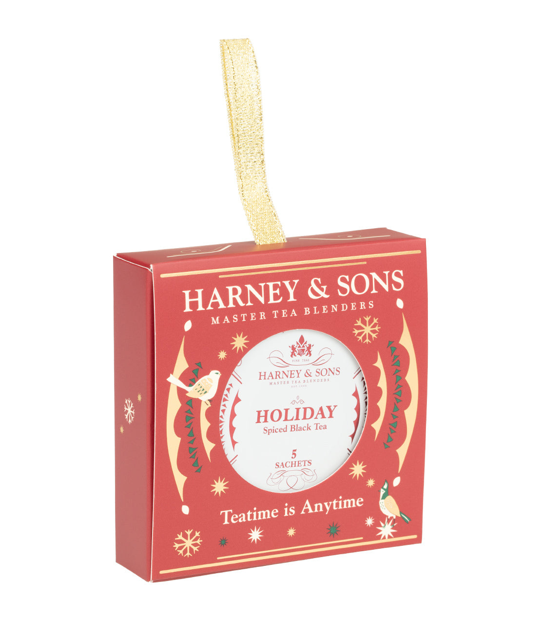 Harney & Sons Fine Teas- Holiday Tagalong Ornament- Tagalong of 5 sachets inside a festive red box with gold accents on a white background