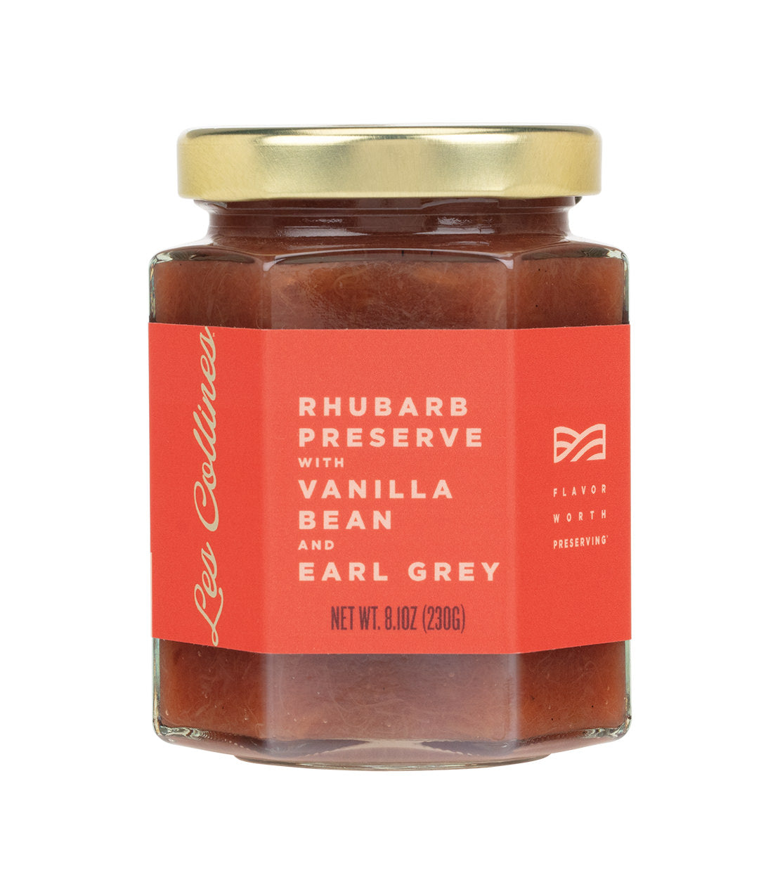 A hexagonal glass jar with a gold lid contains rhubarb preserve infused with vanilla bean and Earl Grey, labeled by Lee Collines
