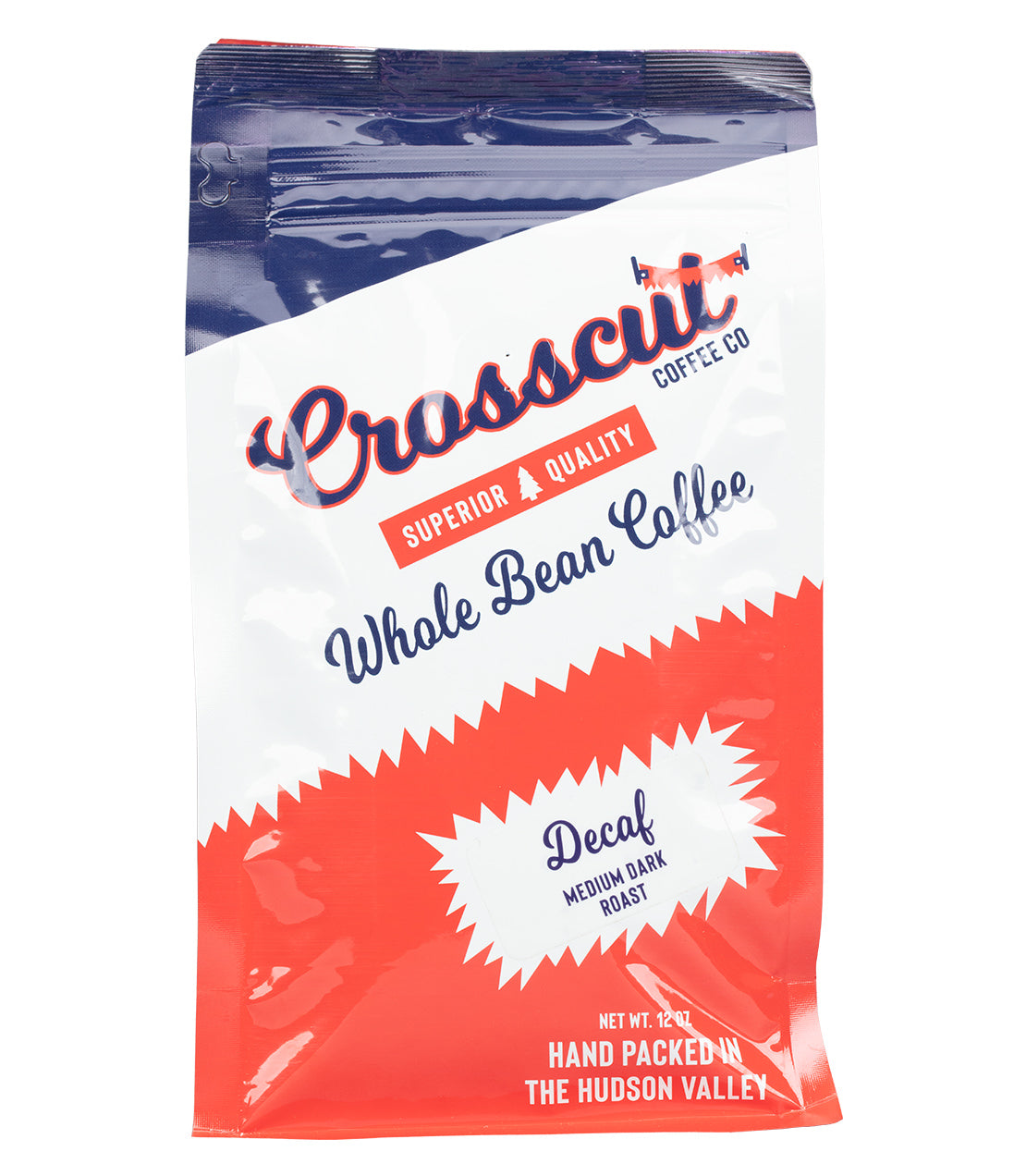 A 12 oz bag of Crosscut Coffee Co. Decaf Medium Dark Roast whole bean coffee, featuring a white, red, and navy blue package design.