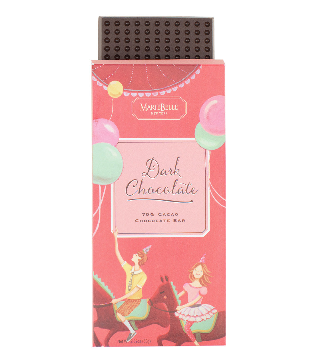 MarieBelle New York- Dark Chocolate- 2.82oz 70% Cacao Chocolate Bar in a red box with illustrated balloons and children riding horses- Dimpled dark chocolate visible coming out of the top of the box