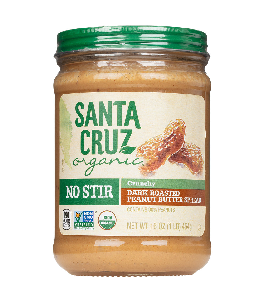 A jar of Santa Cruz Organic No Stir Dark Roasted Peanut Butter Spread with a green lid and a beige label, shown on a plain white background.