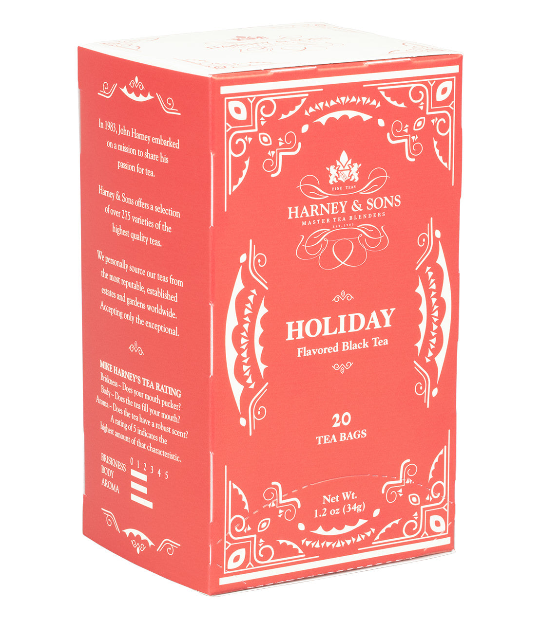 A red box with white lettering of Harney & Sons Holiday Flavored Black Tea, containing 20 tea bags.