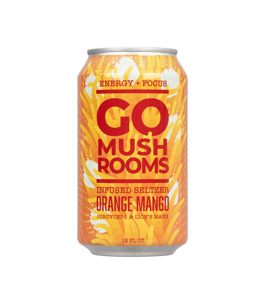 A can of Go Mushrooms Infused Seltzer in Orange Mango flavor, featuring Cordyceps & Lion's Mane, designed to provide energy and focus.