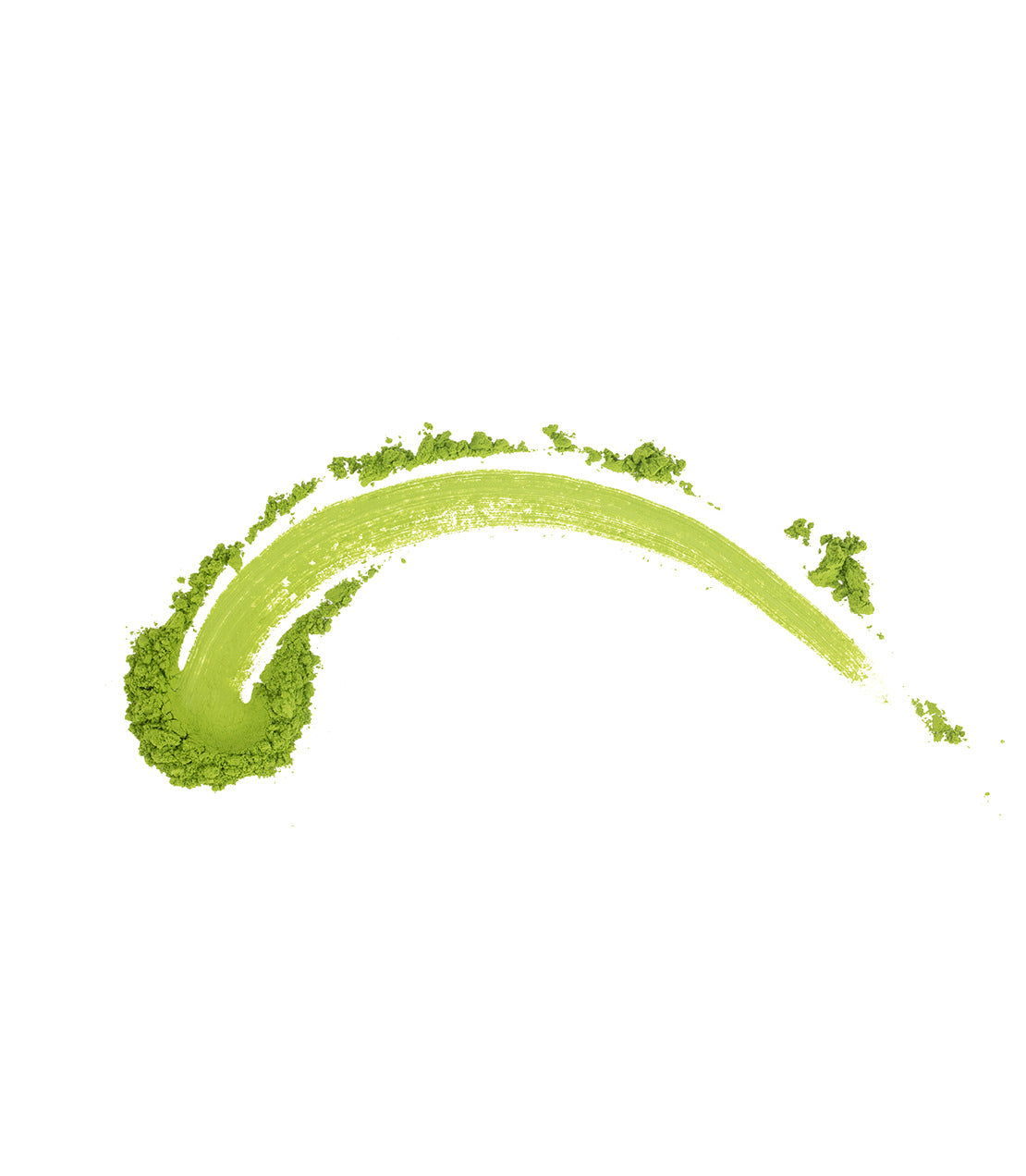 A curved smear of vibrant green matcha powder against a plain white background.