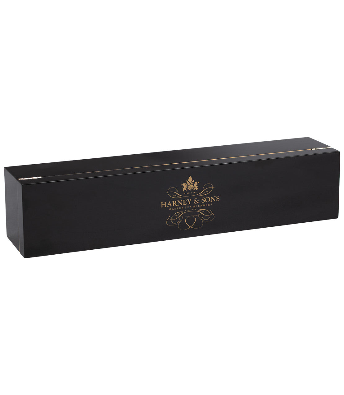 Black rectangular tea chest with gold Harney & Sons logo