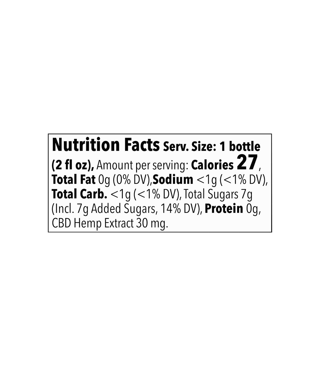 Nutrition facts for one 2 fl oz Strawberry Matcha Shot: 27 calories, 7 g added sugars, and 30 mg hemp extract.