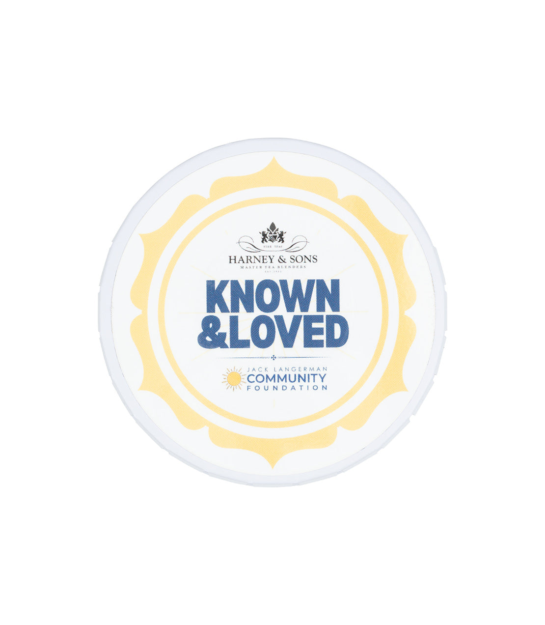 Harney & Sons Fine Teas- Tagalong- 5 count- Known & Loved- Jack Langerman Community Foundation- White tin with gold highlights and blue font