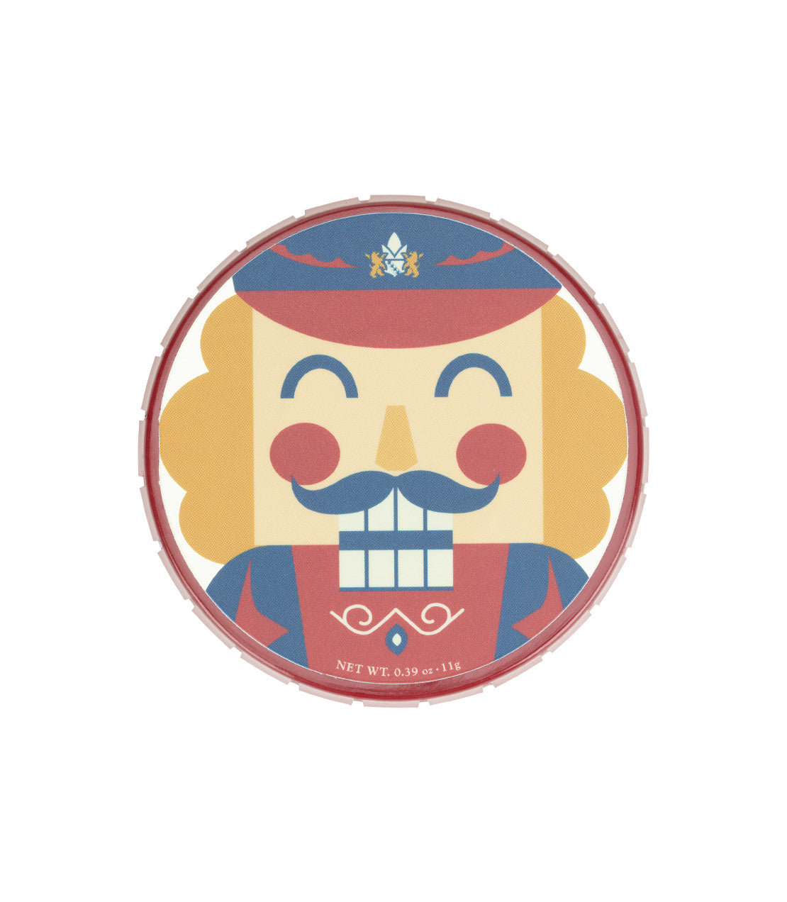 A circular nutcracker-themed tagalong tin with a stylized illustrated nutcracker face in red, blue, beige, and yellow on a plain white background.