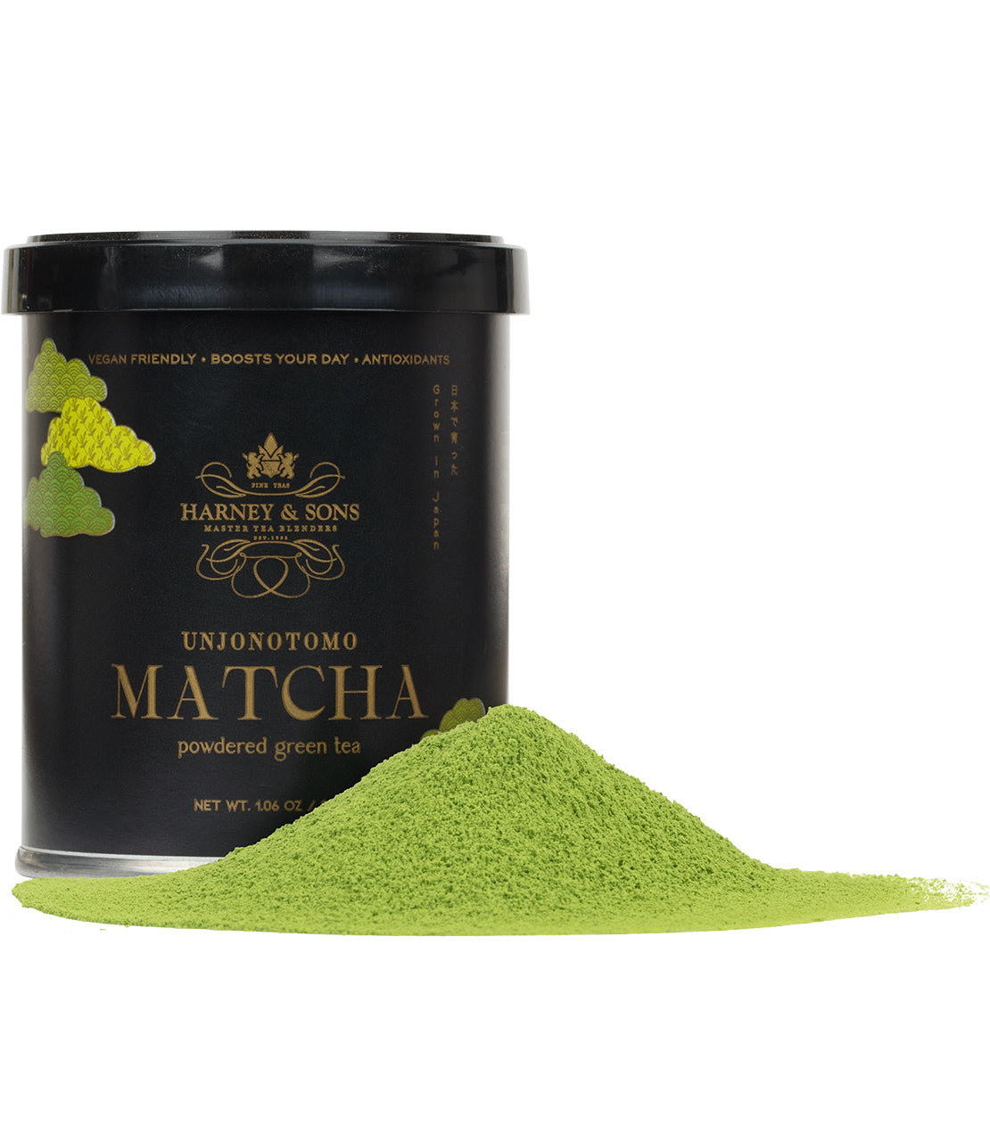 A black 30 gram container of Harney & Sons Unjonotomo Matcha powdered green tea sits beside a mound of vibrant green matcha powder.
