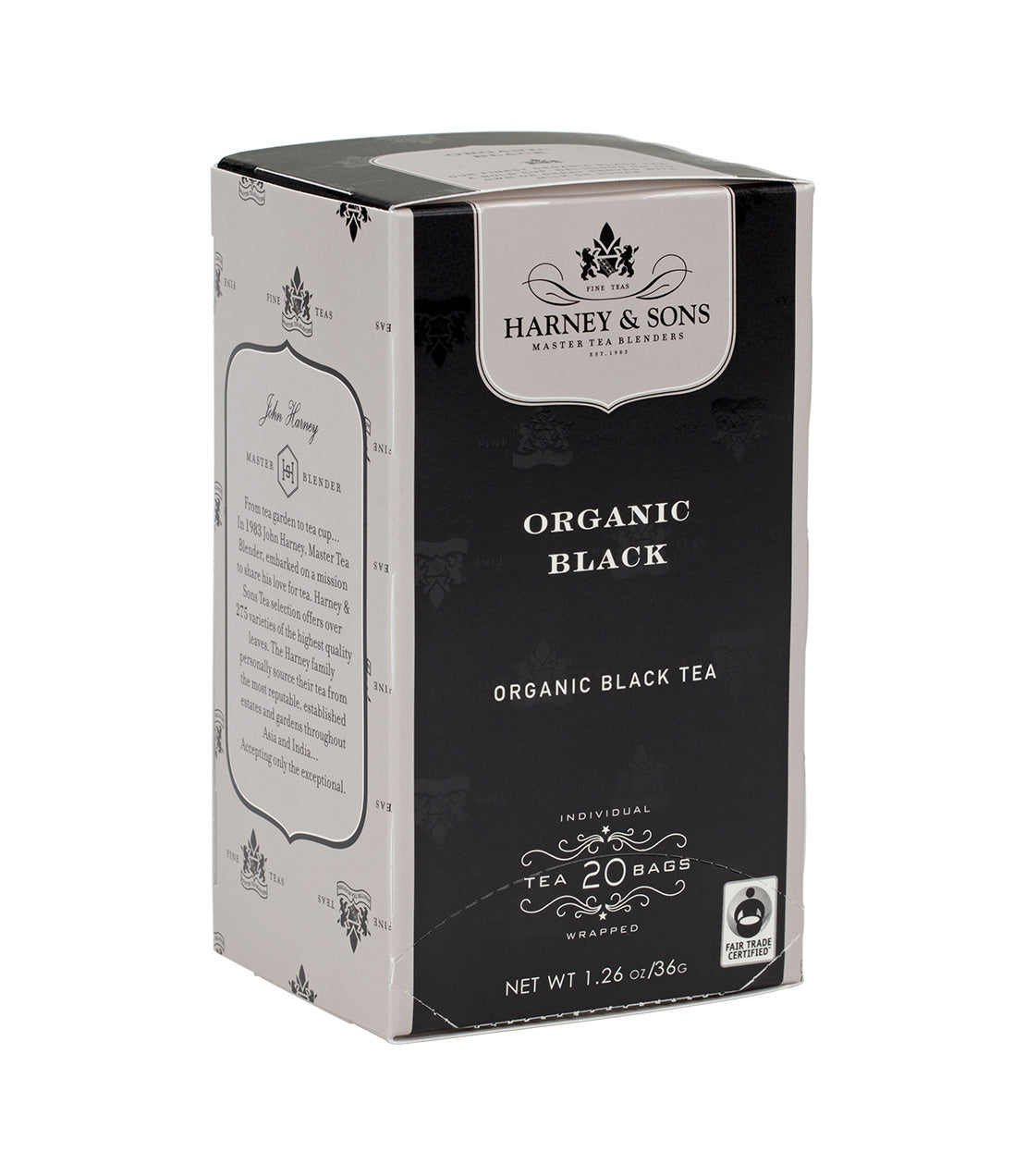 Box of 20 premium organic black tea bags by Harney & Sons, featuring elegant packaging design.