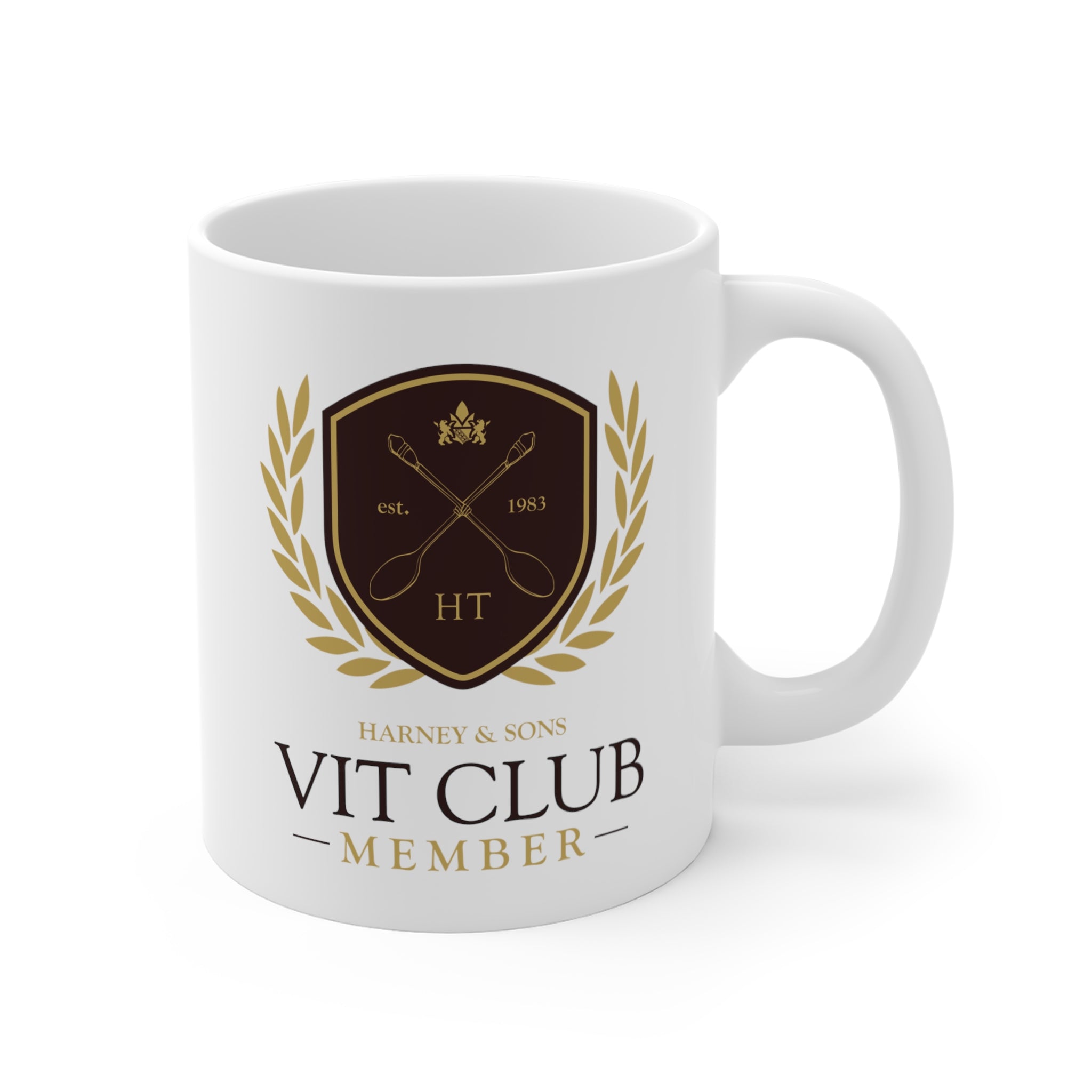 White 11 oz. mug featuring a gold and black VIT Club emblem with crossed utensils and "MEMBER" text.