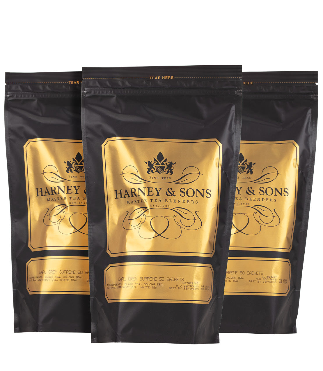 Earl Grey Supreme Trio by Harney & Sons: three bags, each containing 50 sachets of premium tea.