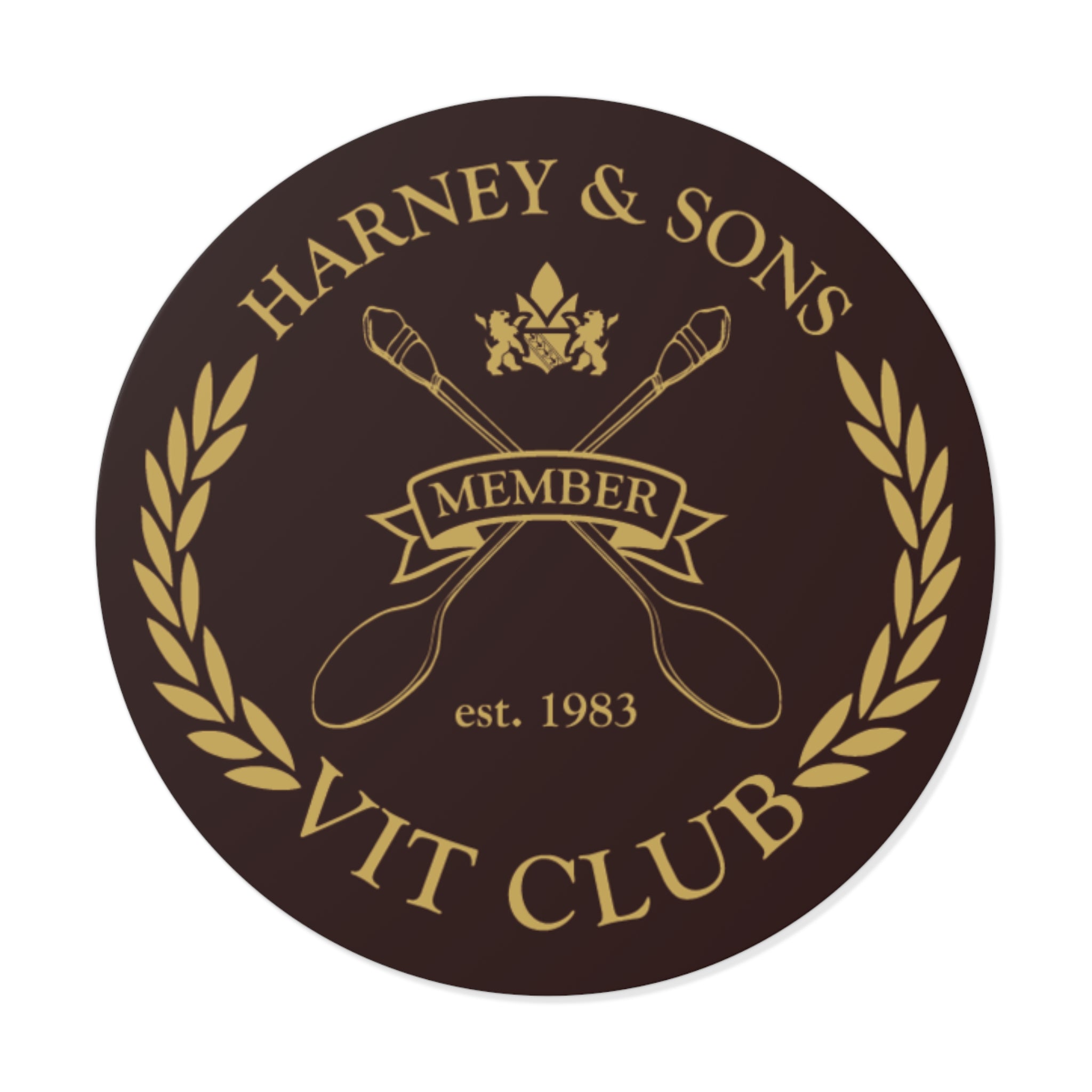 Round vinyl sticker featuring "VIT Club" by Harney & Sons, with crossed spoons and a laurel design.