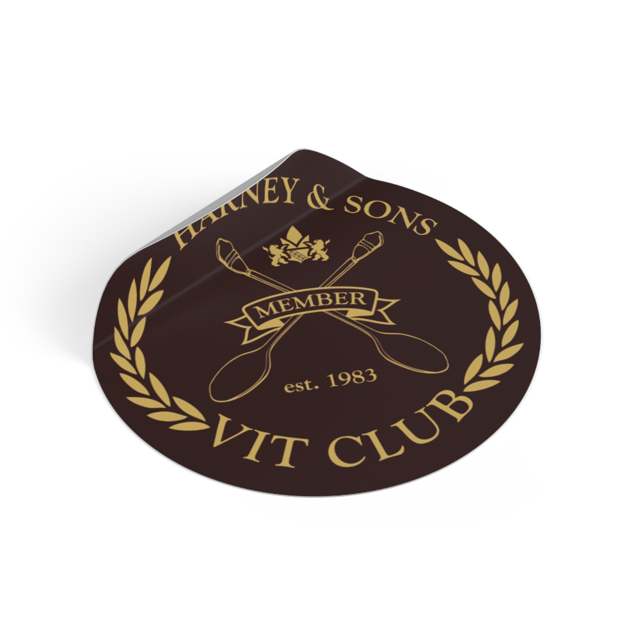 Round vinyl sticker featuring "VIT Club" with a gold laurel design and "Member" text, established 1983.