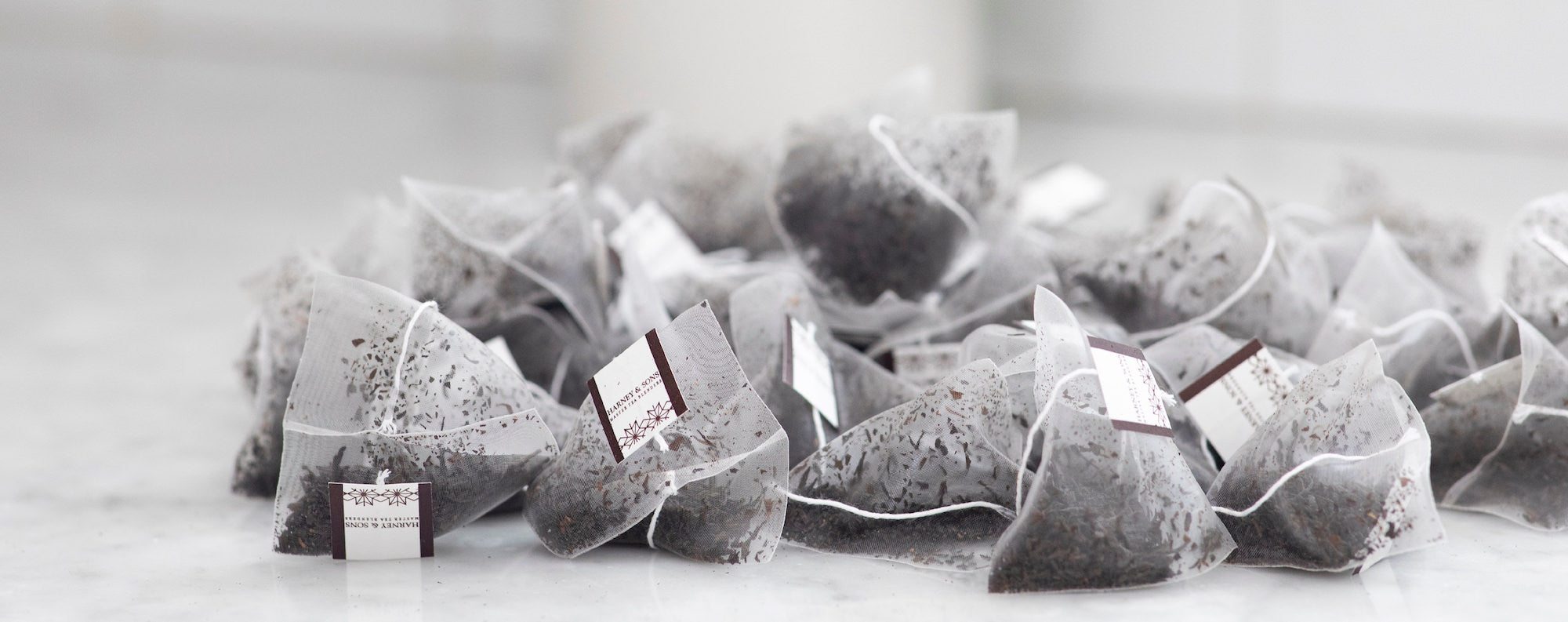 Harney & Sons pile of tea sachets.