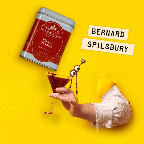 Bernard Spilsbury with Harney & Sons Blood Orange tea, holding a martini glass with olive eyes