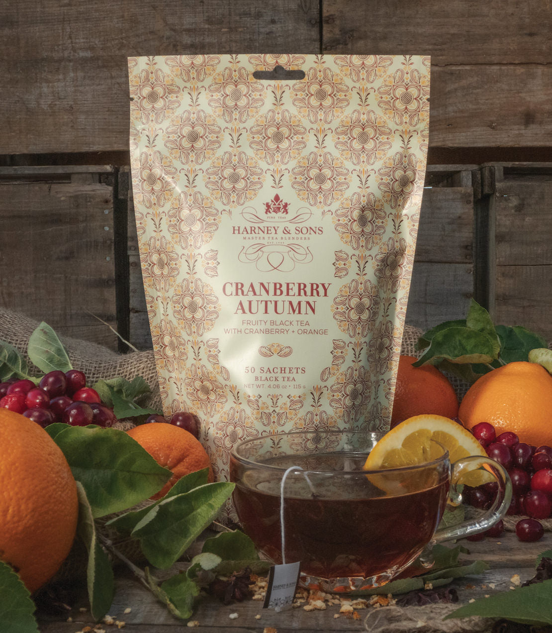 Fall Harvest Trio Bundle featuring 3 bags of 50 sachets, including Cranberry Autumn black tea with fruits.