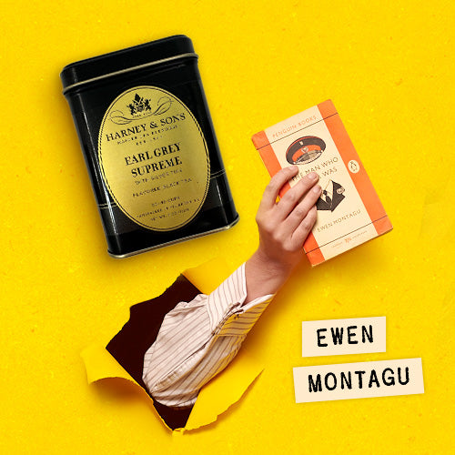 Ewen Montagu with Harney & Sons Earl Grey Supreme tea, reading The Man Who Never Was