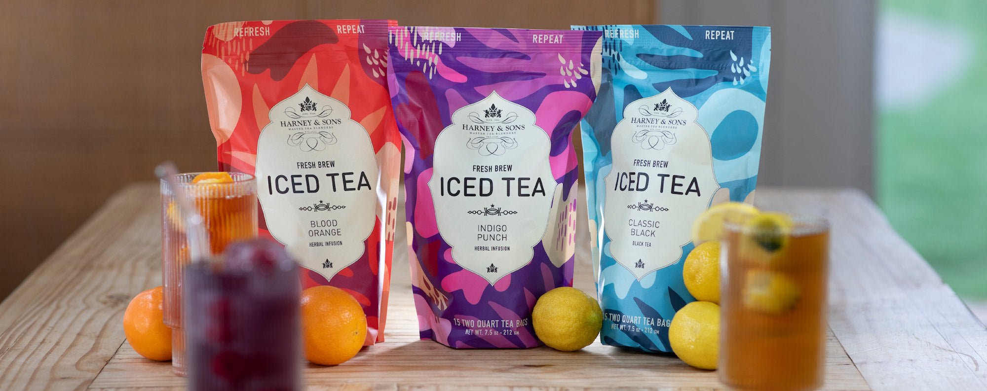 Blood Orange, Indigo Punch, and Classic Black Fresh Brew Iced Tea.