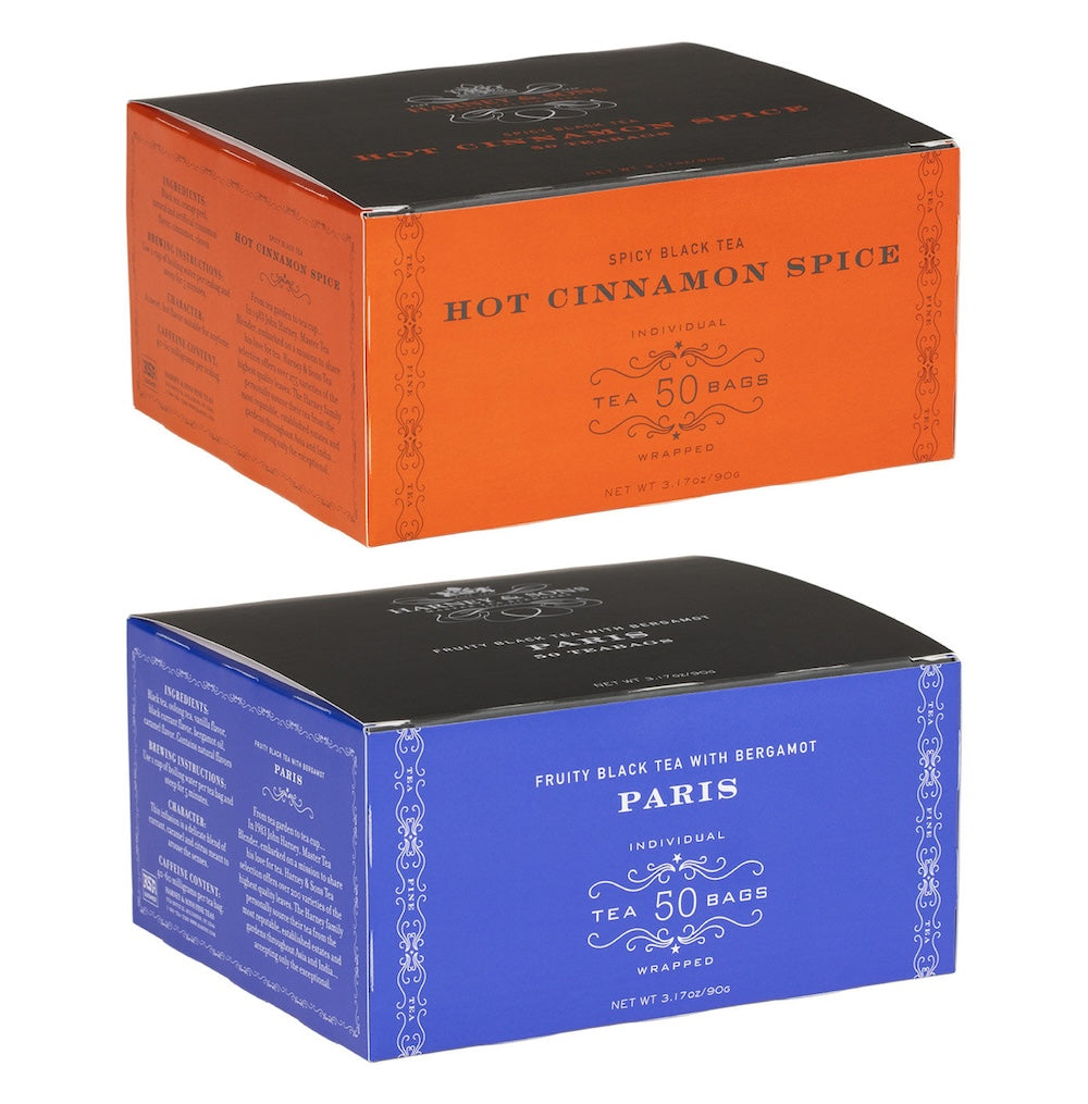 Best-selling teabags bundle featuring Hot Cinnamon Spice and Paris flavors, each with 50 individually wrapped bags.