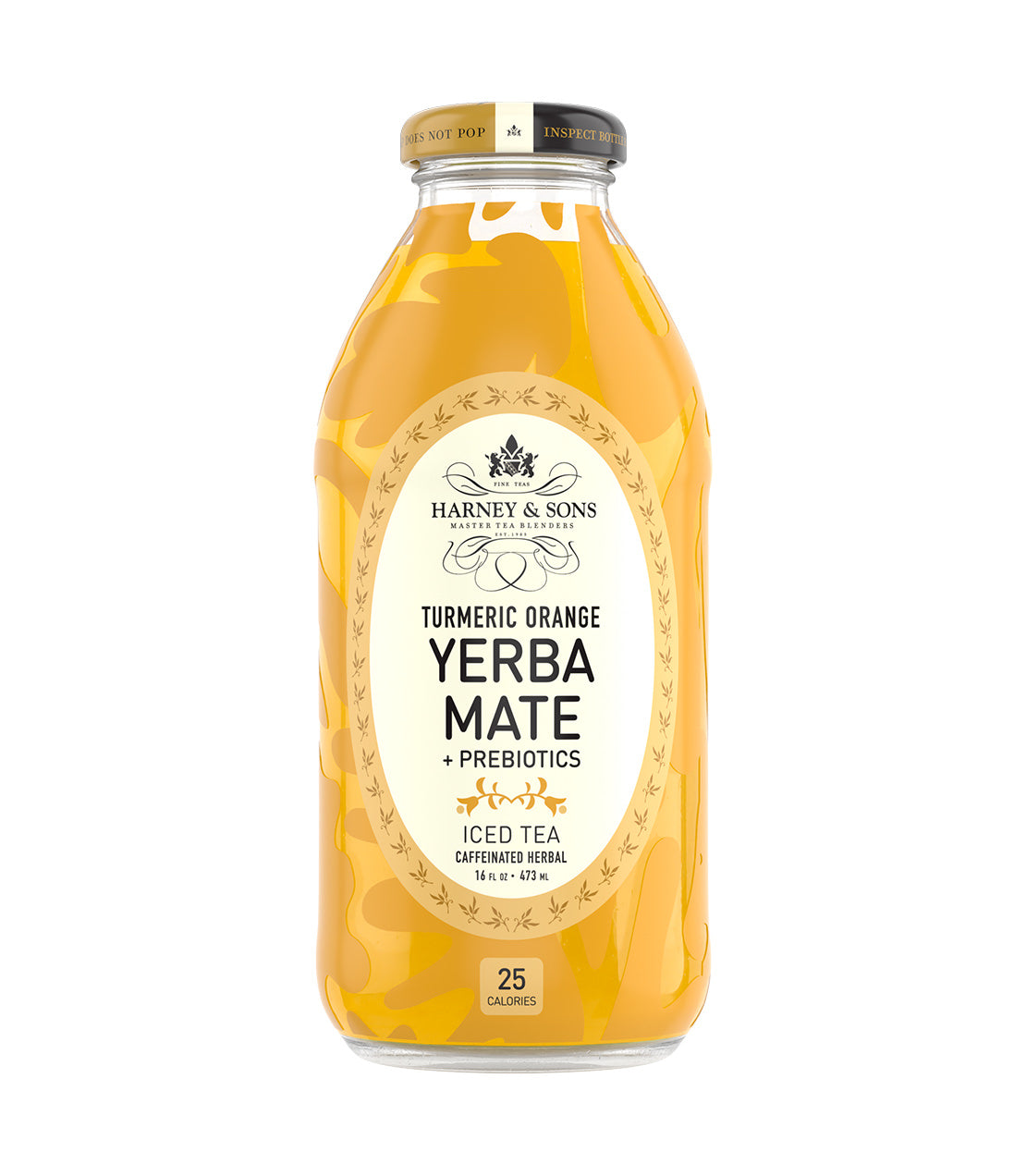A glass bottle of Harney & Sons Turmeric Orange Yerba Mate iced tea with prebiotics, containing 25 calories and 16 fl oz- Iced Tea- Caffeinated Herbal- Yellow label