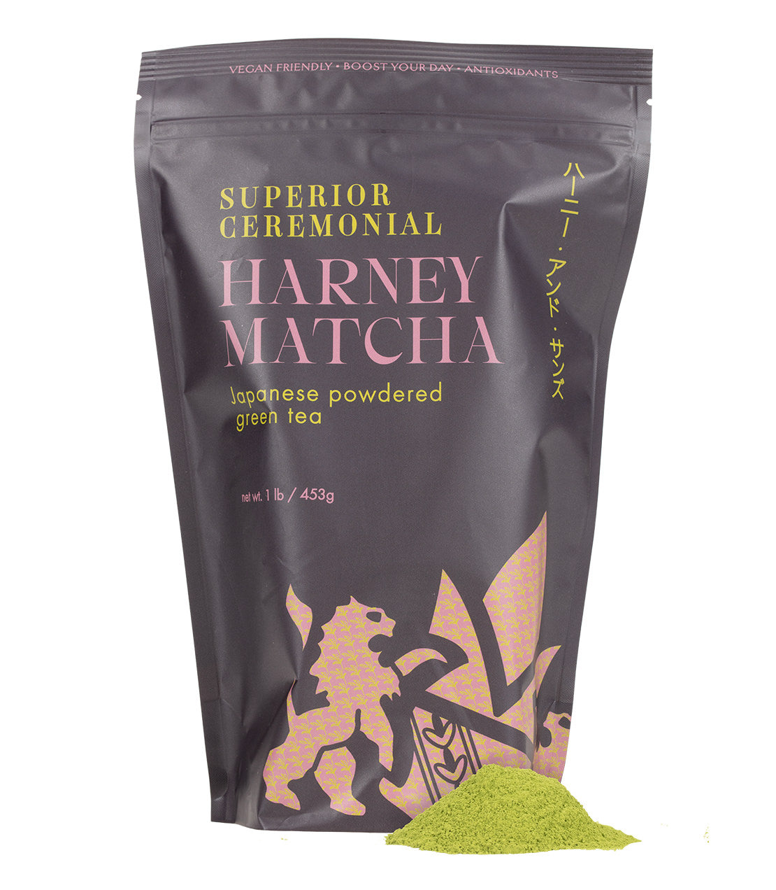 A stand-up pouch of Harney Matcha Superior Ceremonial Japanese Powdered Green Tea, shown on a white background with a small pile of bright green tea powder in front.
