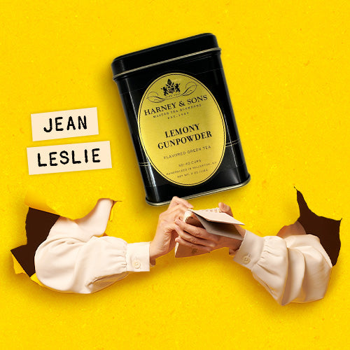 Jean Leslie with Harney & Sons Lemony Gunpowder tea, hands tearing paper